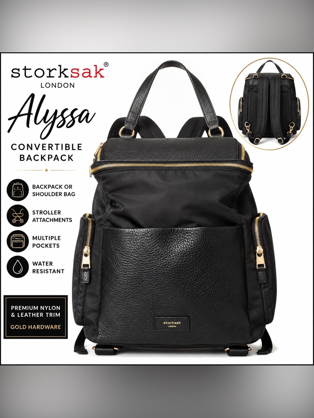 Storksak Alyssa Convertible Nylon & Leather Backpack in Black with Gold Hardware